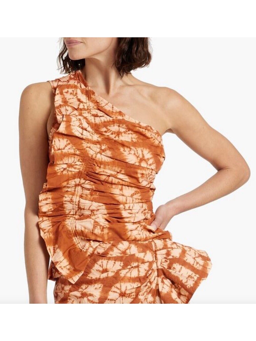 Ulla Johnson Senta Clay One Shoulder Ruffled Shibori Dyed Cotton Top